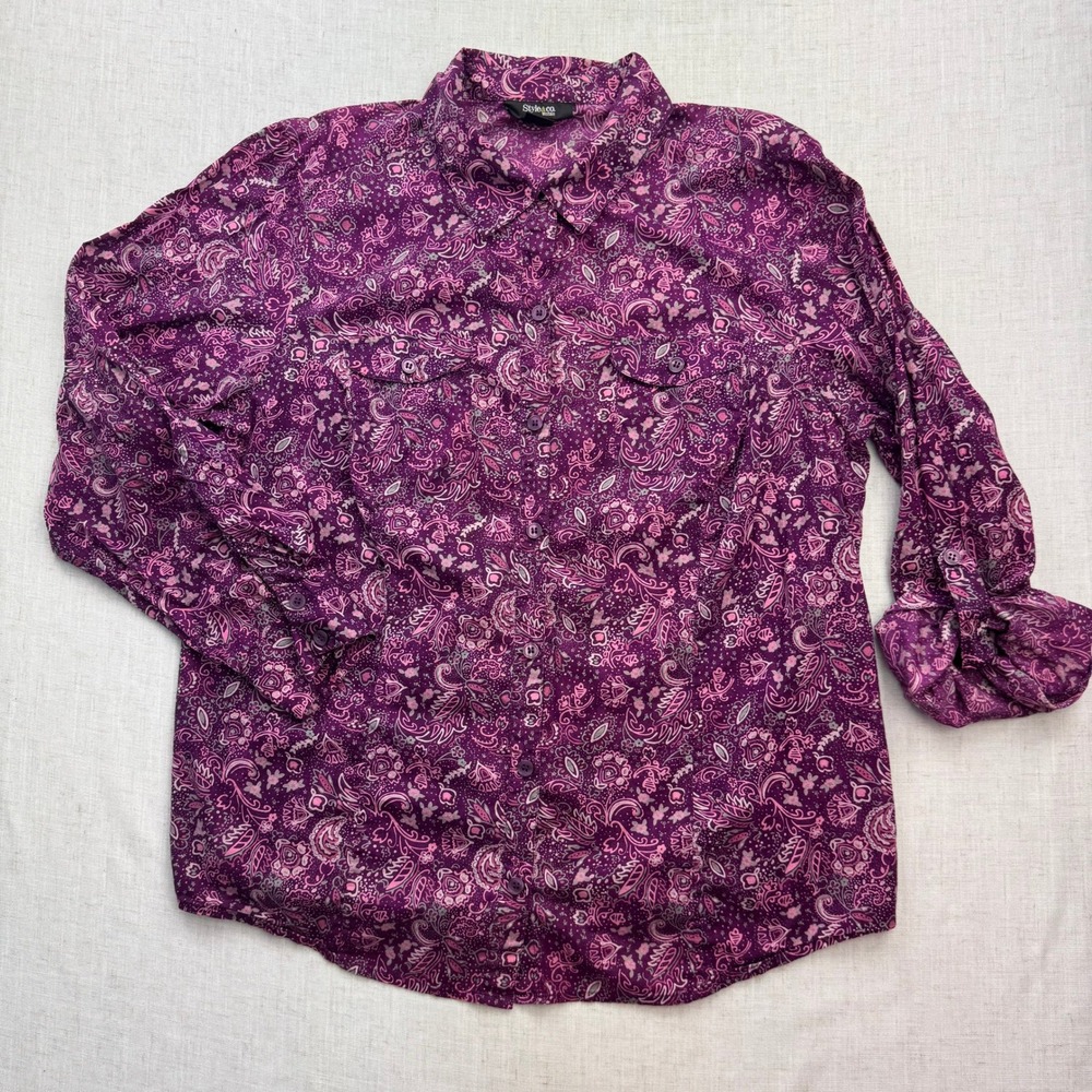 Style & Co Button Down Women 16W Purple Paisley Cotton Roll Tab Sleeve Boho Top
